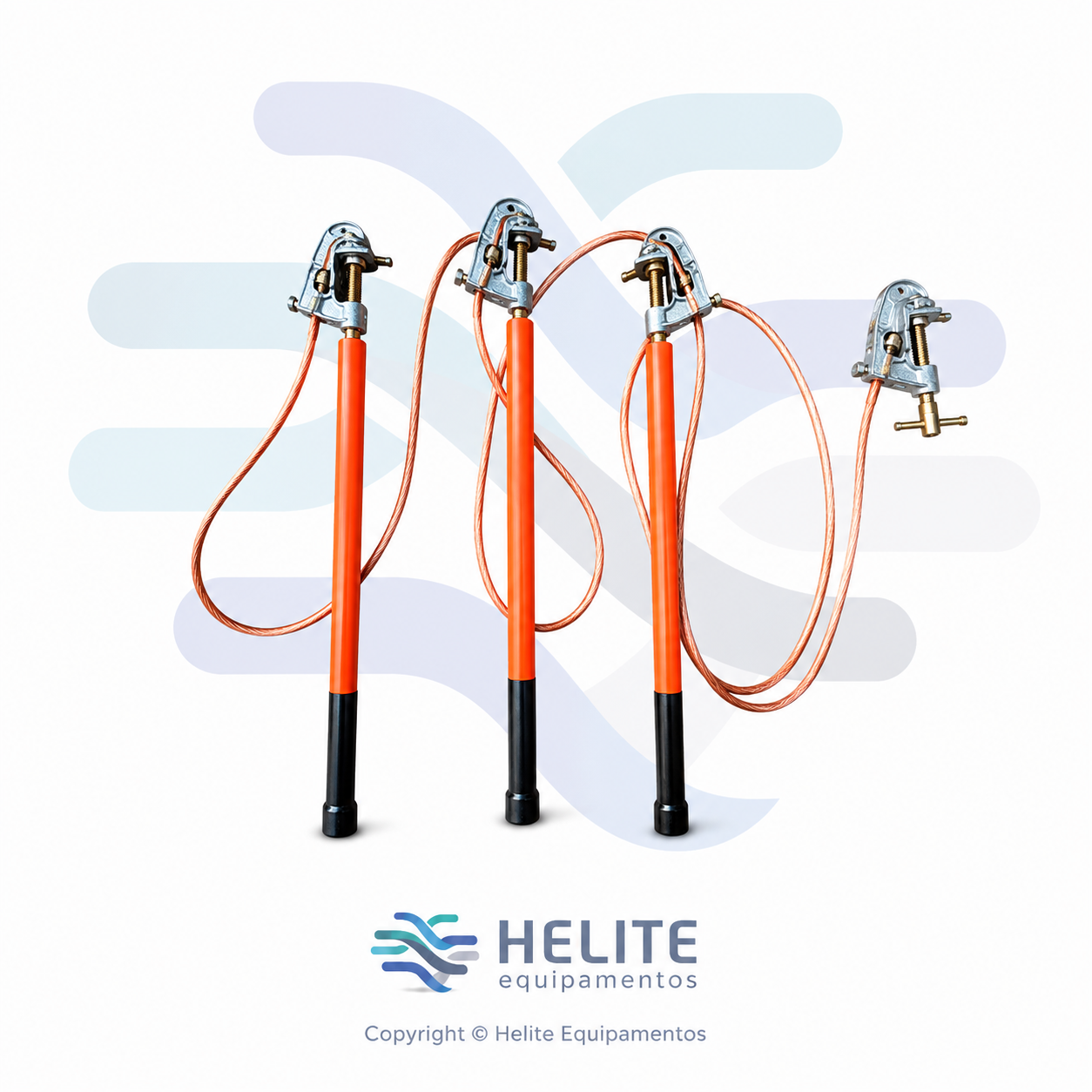 Conjunto de aterramento MT 34 kV para troca de trafo trifásico com três bastões isolados, grampos de aterramento por torção e cabos de cobre flexível 35 mm².