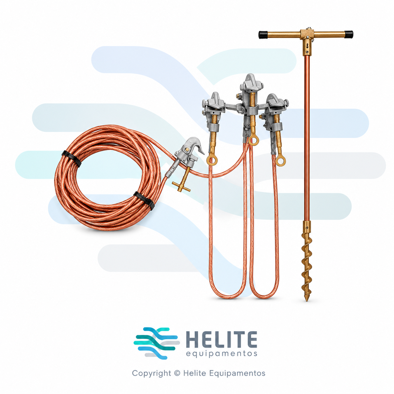 Conjunto de Aterramento Temporário para Linha Aérea até 36 kV NR-10. Completo com grampos, cabos de cobre 25 mm², haste e bolsa reforçada.