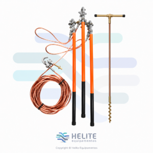 Conjunto de Aterramento Temporário até 36 kV com hastes seccionáveis NR-10 composto por grampos de aterramento por torção, trapézio de suspensão, trado, cabos de cobre extraflexível 25 mm² e bolsa para transporte.