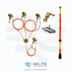 conjunto de aterramento para cubículo até 36 kv NR-10 composto por cabos de cobre flexível 35 mm², grampos em liga de alumínio, bloco conector, vara de manobra telescópica, cabeçote de operação e bolsa para transporte.