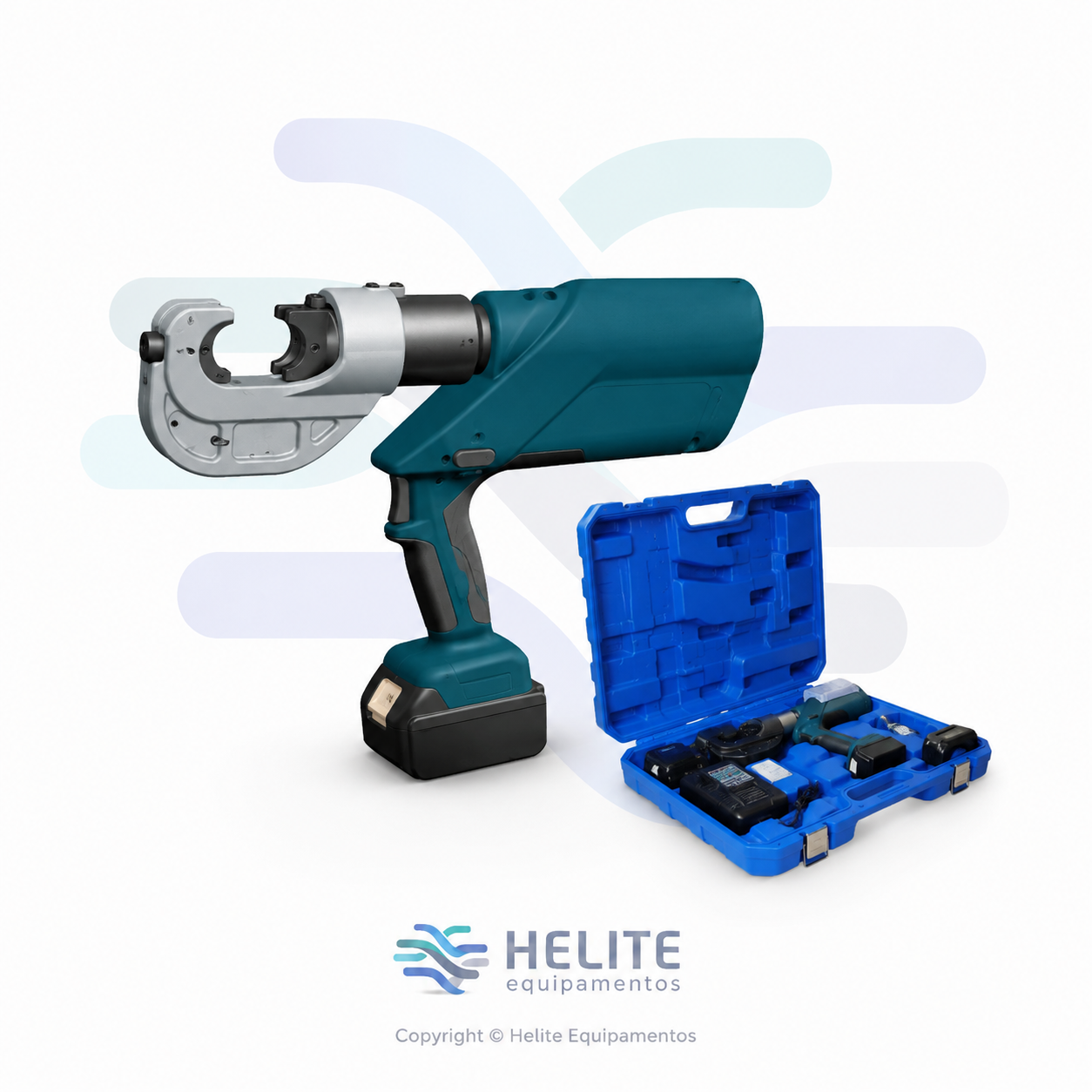 Alicate eletro hidráulico 12 toneladas para prensagem de terminais elétricos de cobre e alumínio com bateria 18V e cabeçote 360 graus.