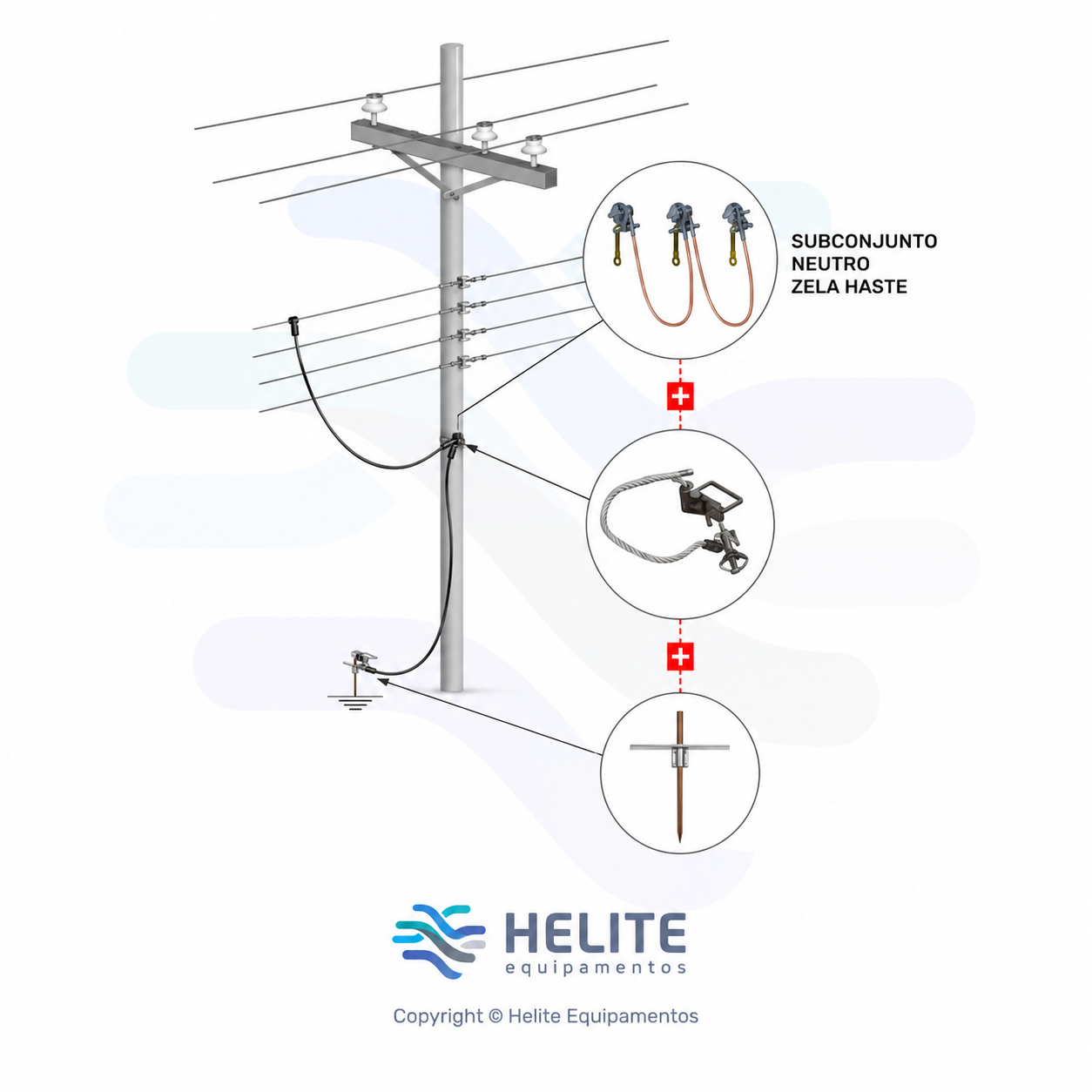 Subconjunto de aterramento temporário neutro sela haste homologado CEMIG para redes elétricas de distribuição