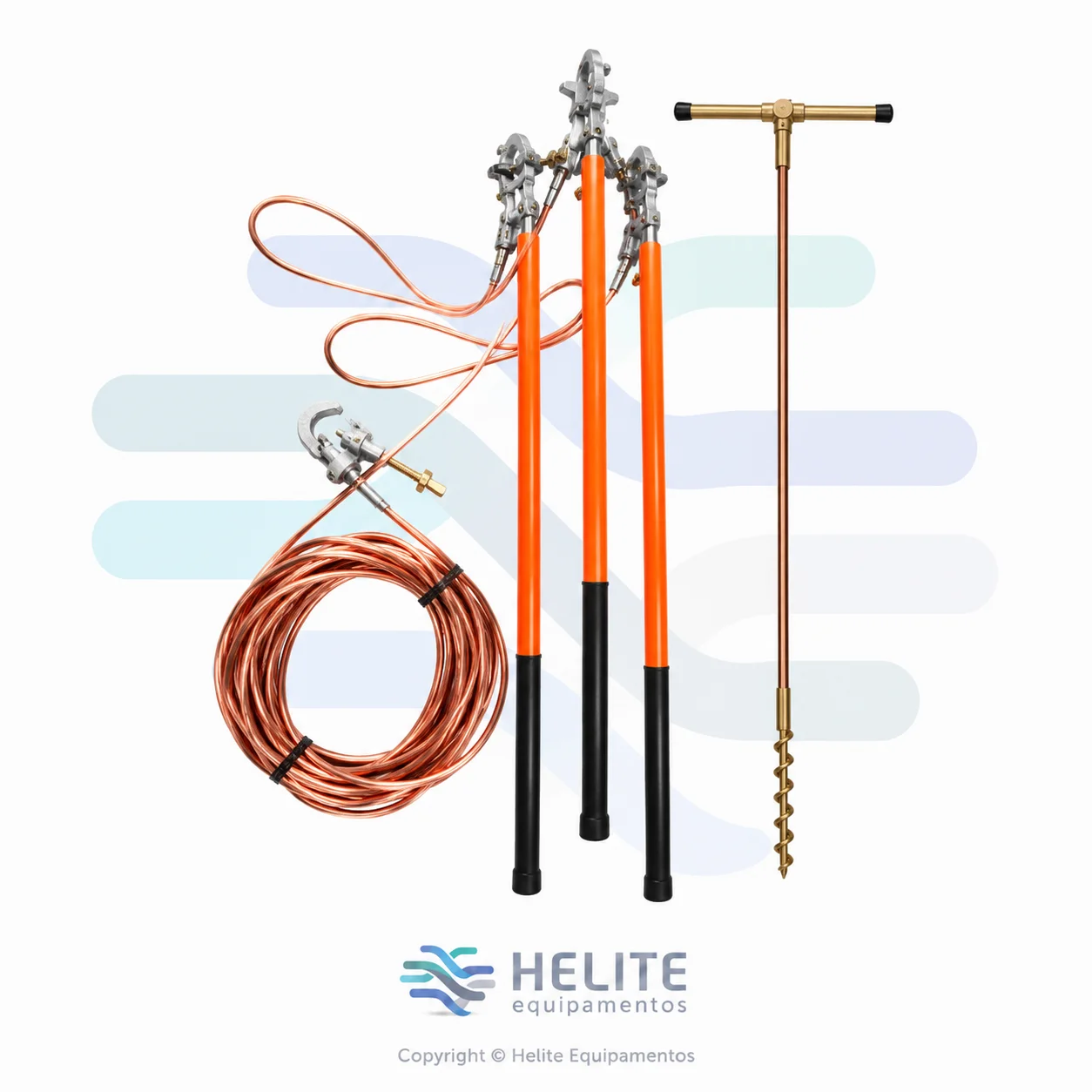 Conjunto de Aterramento Temporário até 36 kV com hastes seccionáveis NR-10 composto por grampos de aterramento por torção, trapézio de suspensão, trado, cabos de cobre extraflexível 25 mm² e bolsa para transporte.