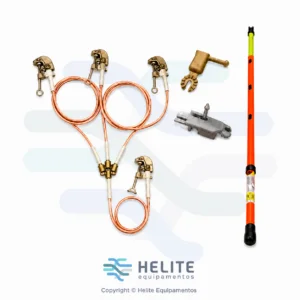 conjunto de aterramento para cubículo até 36 kv NR-10 composto por cabos de cobre flexível 35 mm², grampos em liga de alumínio, bloco conector, vara de manobra telescópica, cabeçote de operação e bolsa para transporte.